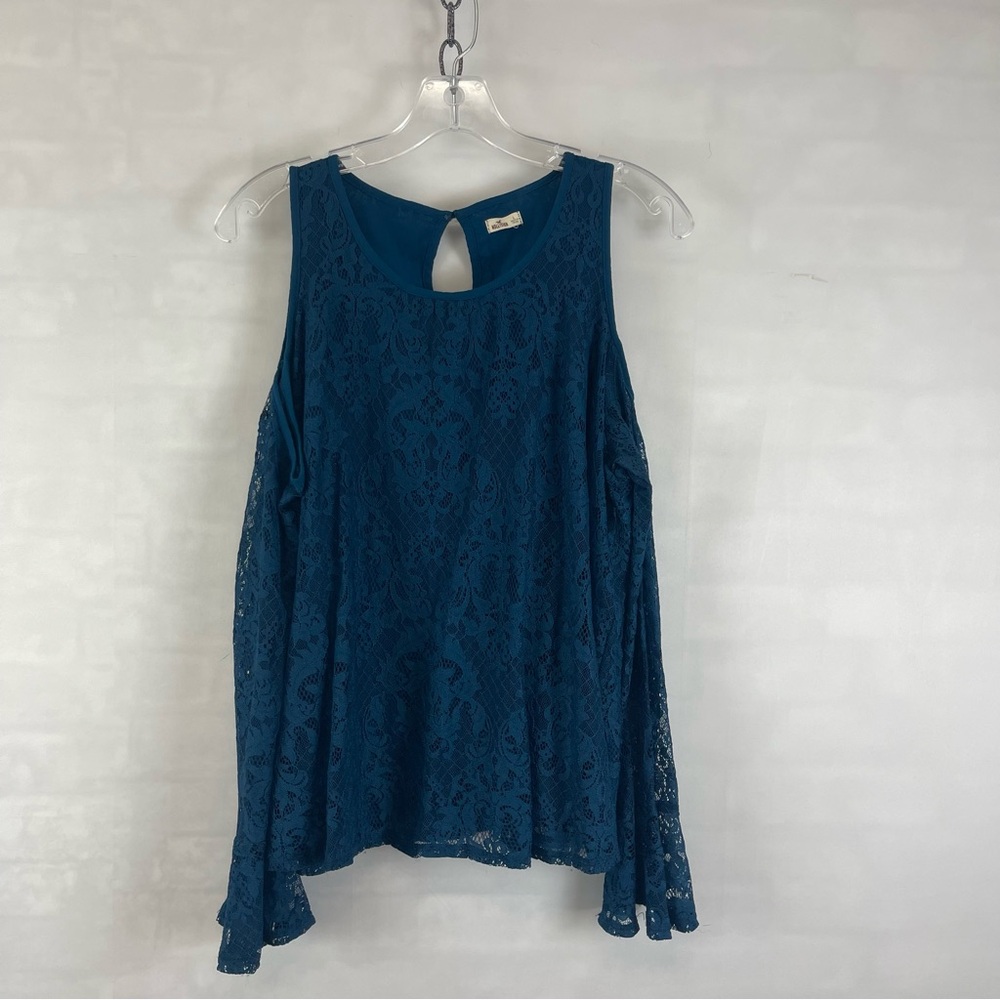 Y2K Hollister Lace Tank Top Size‎ L Teal Blue Sleeveless Keyhole Flowy Top